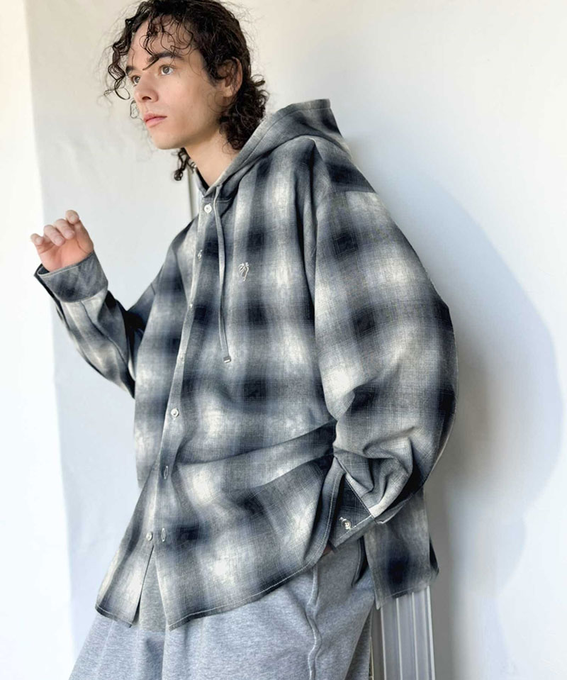 《java ジャバコラボ》 シャツ パーカー トップス メンズ フード ヴィンテージ風 チェック柄 羽織り チェックシャツ フード付き 胸刺繍 シャツアウター | classicalelf | 15