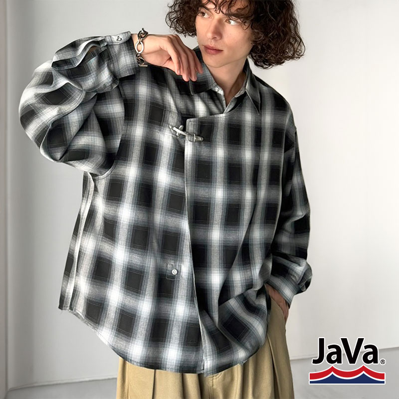 《java ジャバコラボ》 チェックシャツ メンズ ストライプシャツ トップス シャツ 2WAYシャツ ファイヤーマンフック 無骨 ゆったり 清潔感 シンプル | classicalelf
