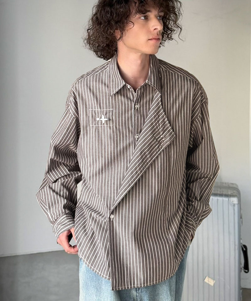 《java ジャバコラボ》 チェックシャツ メンズ ストライプシャツ トップス シャツ 2WAYシャツ ファイヤーマンフック 無骨 ゆったり 清潔感 シンプル | classicalelf | 15