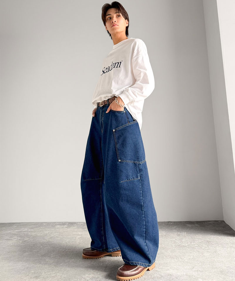 《java ジャバコラボ》 ゆったり デニムパンツ メンズ ワイド ボトムス パンツ カーブパンツ デニム バルーンパンツ トレンド感 カジュアル 10.5ozデニム | classicalelf | 11