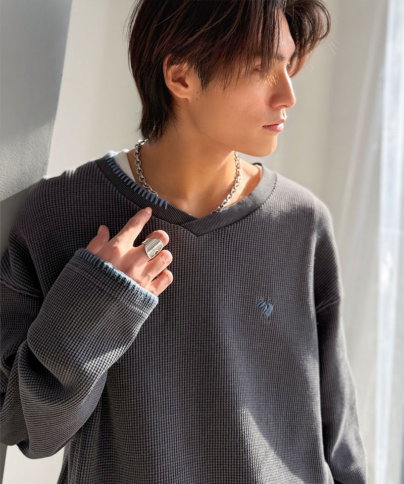 《java ジャバコラボ》 vネック ロンt メンズ 大きいサイズ トップス 裾 ドロスト 付き ピグメント 加工 ステッチ 配色 Vネック Tee レイヤードコーデ | classicalelf | 03