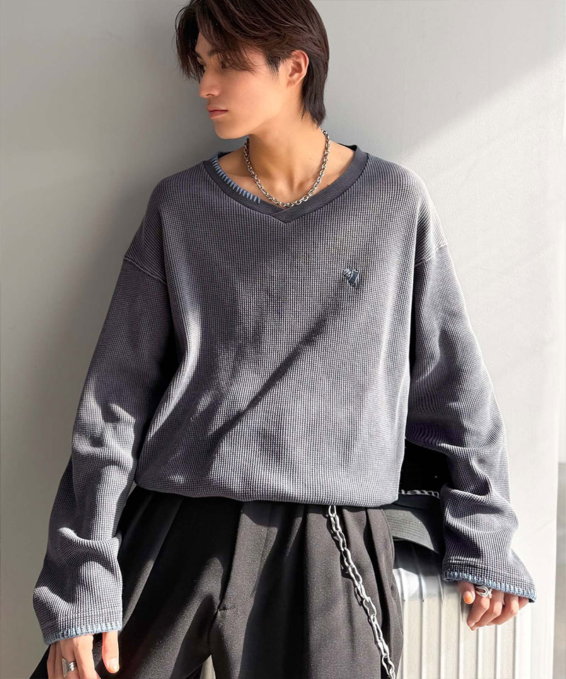 《java ジャバコラボ》 vネック ロンt メンズ 大きいサイズ トップス 裾 ドロスト 付き ピグメント 加工 ステッチ 配色 Vネック Tee レイヤードコーデ | classicalelf | 04