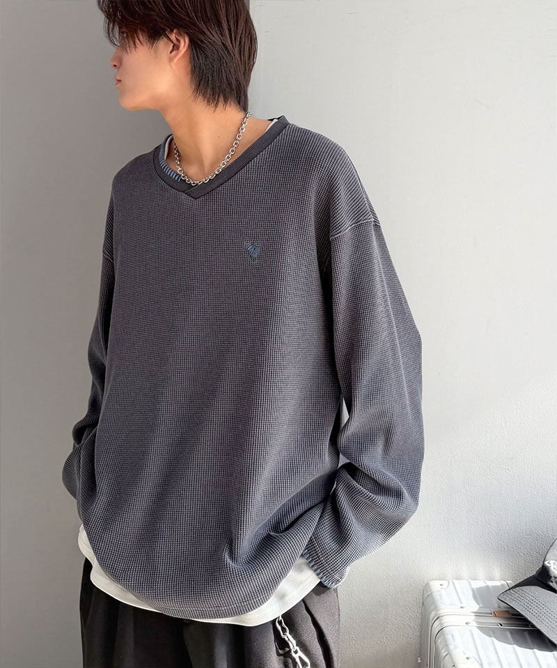 《java ジャバコラボ》 vネック ロンt メンズ 大きいサイズ トップス 裾 ドロスト 付き ピグメント 加工 ステッチ 配色 Vネック Tee レイヤードコーデ | classicalelf | 05