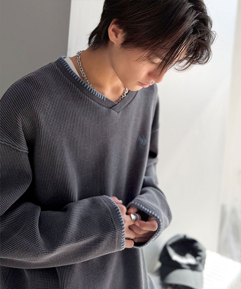 《java ジャバコラボ》 vネック ロンt メンズ 大きいサイズ トップス 裾 ドロスト 付き ピグメント 加工 ステッチ 配色 Vネック Tee レイヤードコーデ | classicalelf | 06