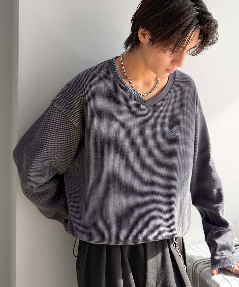 《java ジャバコラボ》 vネック ロンt メンズ 大きいサイズ トップス 裾 ドロスト 付き ピグメント 加工 ステッチ 配色 Vネック Tee レイヤードコーデ | classicalelf | 08