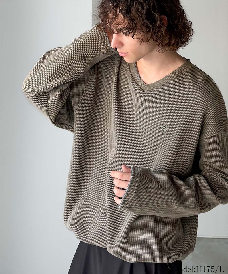 《java ジャバコラボ》 vネック ロンt メンズ 大きいサイズ トップス 裾 ドロスト 付き ピグメント 加工 ステッチ 配色 Vネック Tee レイヤードコーデ | classicalelf | 09