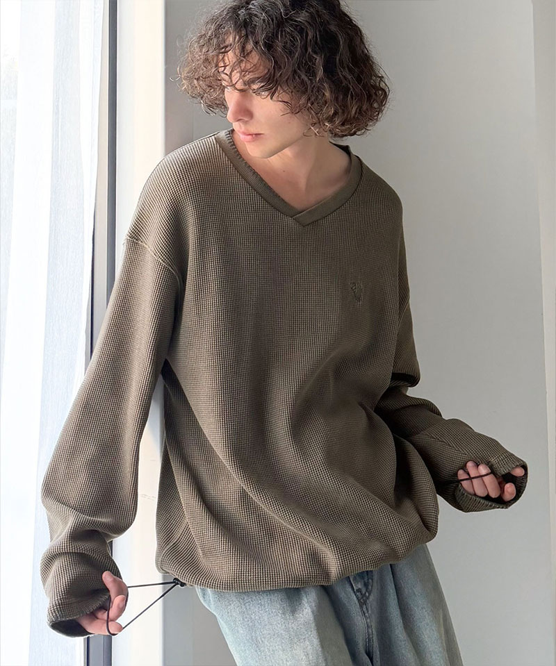 《java ジャバコラボ》 vネック ロンt メンズ 大きいサイズ トップス 裾 ドロスト 付き ピグメント 加工 ステッチ 配色 Vネック Tee レイヤードコーデ | classicalelf | 10