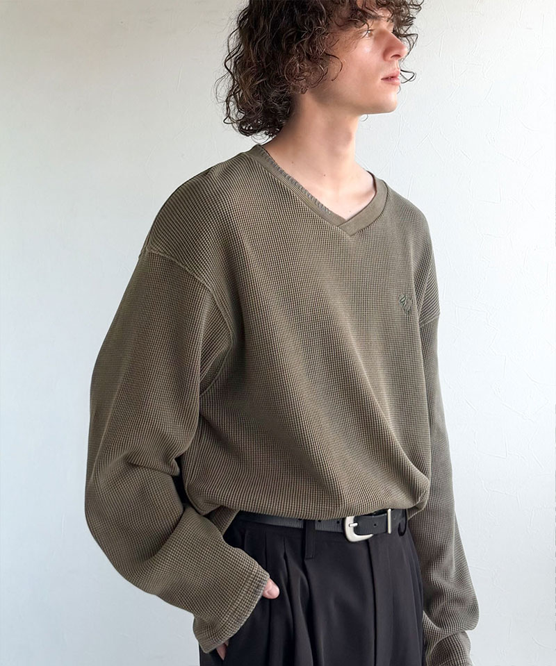 《java ジャバコラボ》 vネック ロンt メンズ 大きいサイズ トップス 裾 ドロスト 付き ピグメント 加工 ステッチ 配色 Vネック Tee レイヤードコーデ | classicalelf | 15