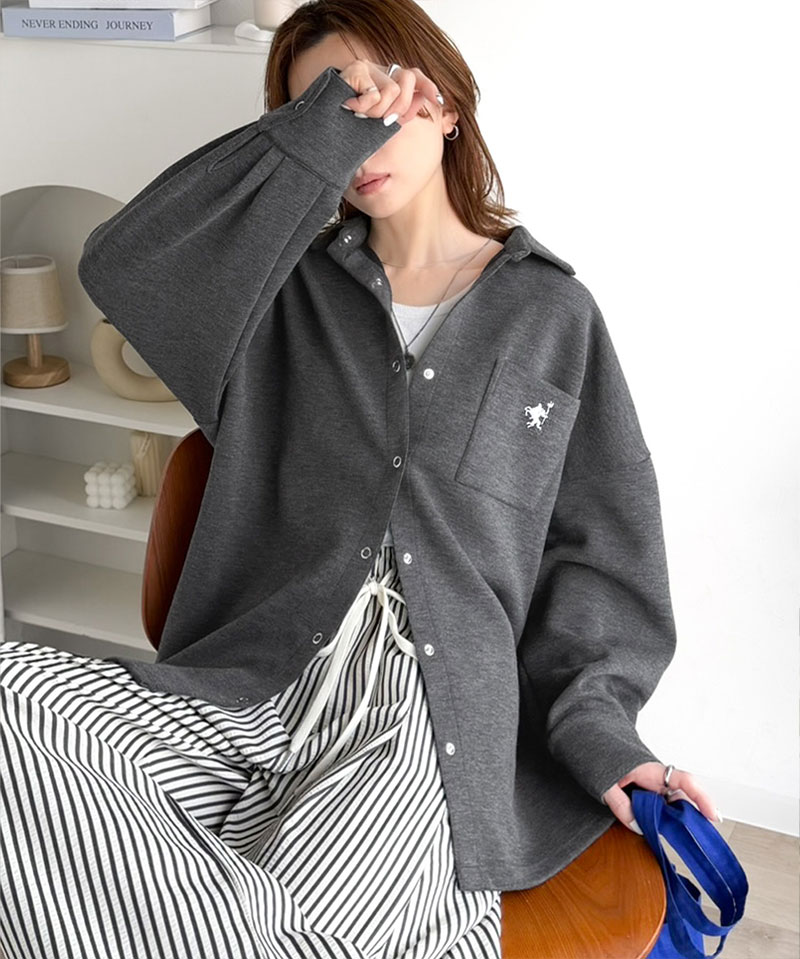 《java ジャバコラボ》 シャツ レディース カジュアル トップス ゆったり 胸元刺繍 ダンボール 素材 シャツジャケット 羽織り 大きいサイズ 春 夏 | classicalelf | 08