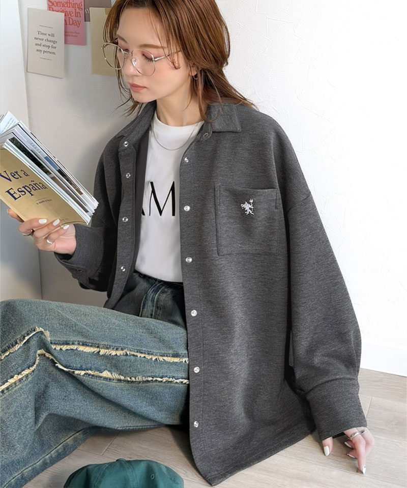 《java ジャバコラボ》 シャツ レディース カジュアル トップス ゆったり 胸元刺繍 ダンボール 素材 シャツジャケット 羽織り 大きいサイズ 春 夏 | classicalelf | 10