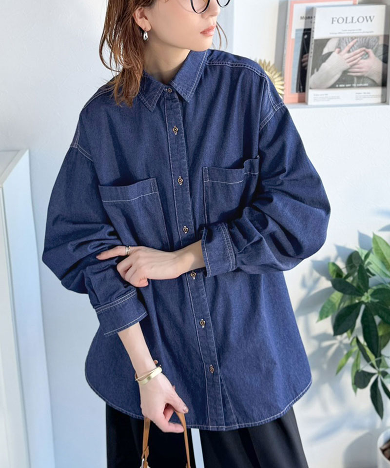 《java ジャバコラボ》 デニムシャツ レディース 大きいサイズ トップス シャツ ビックポケット 綿100% デザイン性 実用性 羽織り 万能シャツ | classicalelf | 14