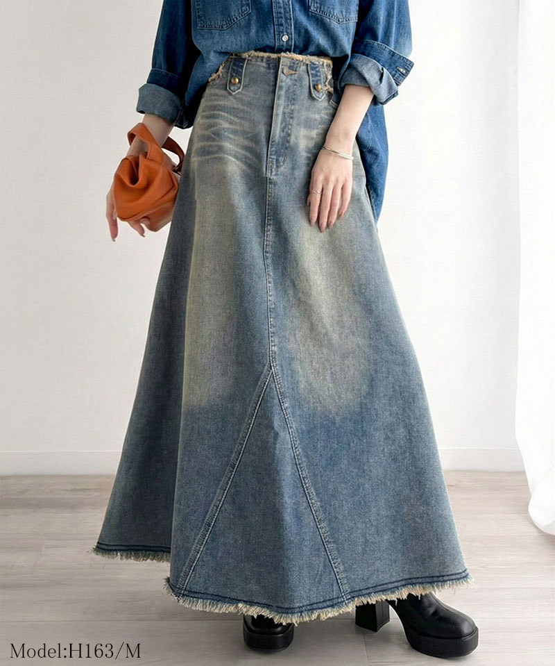 《java ジャバコラボ》 デニム スカート フレア ボトムス デニムスカート フリンジ ヴィンテージライク ロング フレアスカート お洒落 切替デザイン | classicalelf | 02
