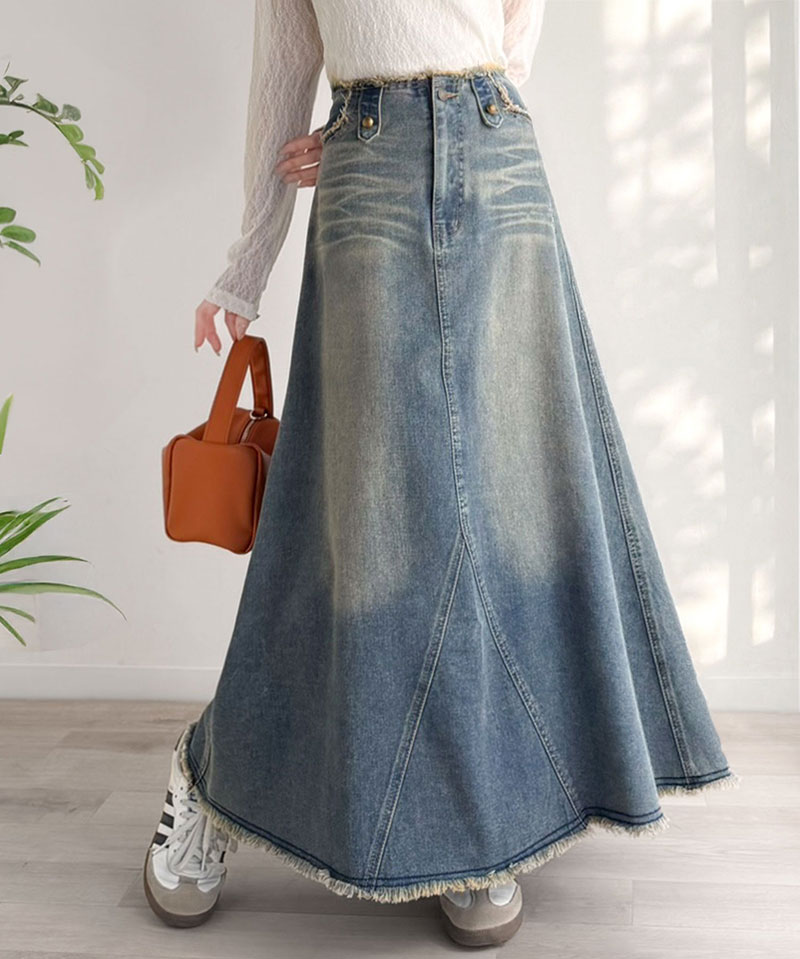 《java ジャバコラボ》 デニム スカート フレア ボトムス デニムスカート フリンジ ヴィンテージライク ロング フレアスカート お洒落 切替デザイン | classicalelf | 03