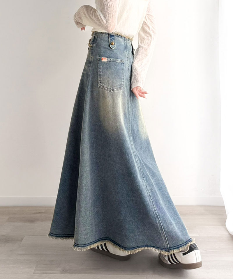 《java ジャバコラボ》 デニム スカート フレア ボトムス デニムスカート フリンジ ヴィンテージライク ロング フレアスカート お洒落 切替デザイン | classicalelf | 04