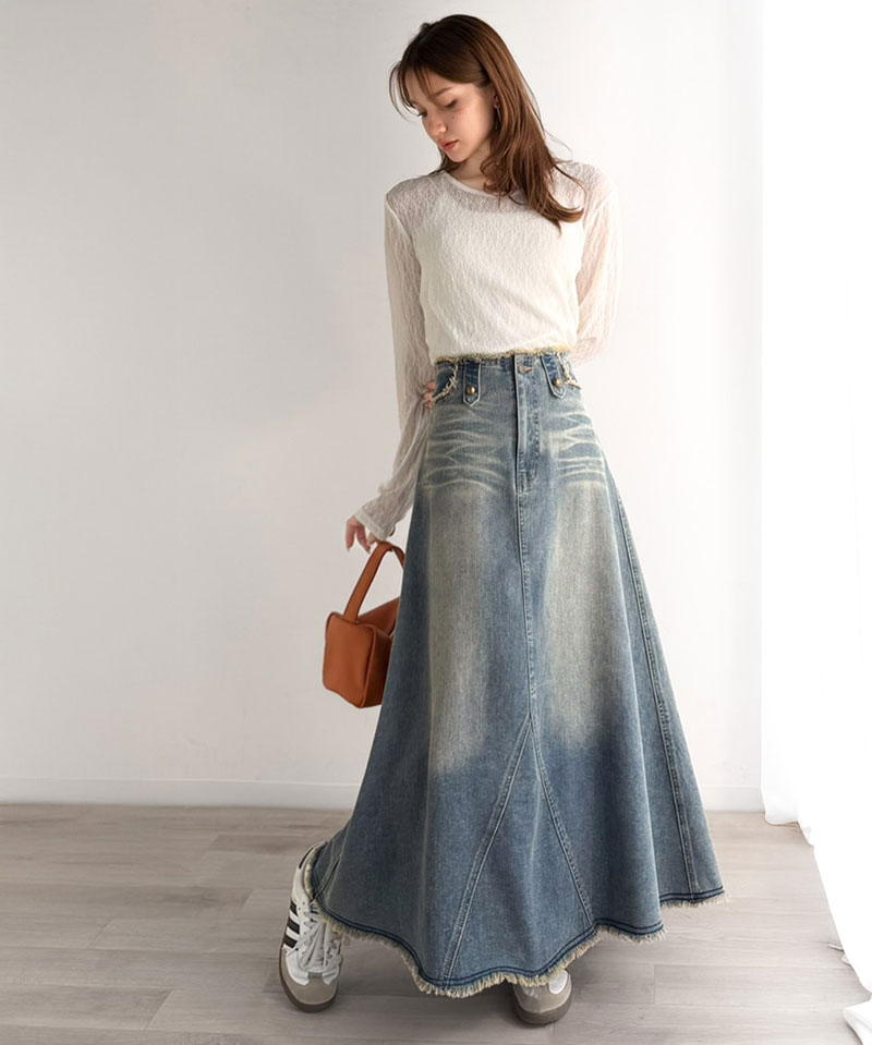 《java ジャバコラボ》 デニム スカート フレア ボトムス デニムスカート フリンジ ヴィンテージライク ロング フレアスカート お洒落 切替デザイン | classicalelf | 05