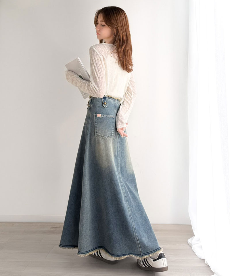 《java ジャバコラボ》 デニム スカート フレア ボトムス デニムスカート フリンジ ヴィンテージライク ロング フレアスカート お洒落 切替デザイン | classicalelf | 06