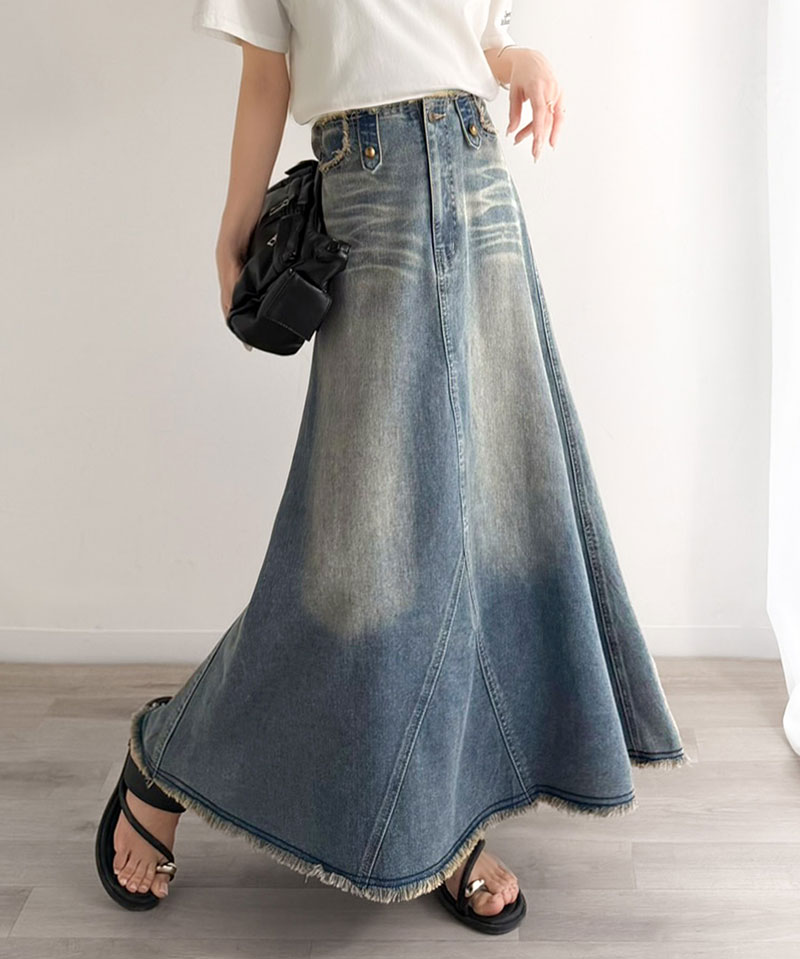 《java ジャバコラボ》 デニム スカート フレア ボトムス デニムスカート フリンジ ヴィンテージライク ロング フレアスカート お洒落 切替デザイン | classicalelf | 07