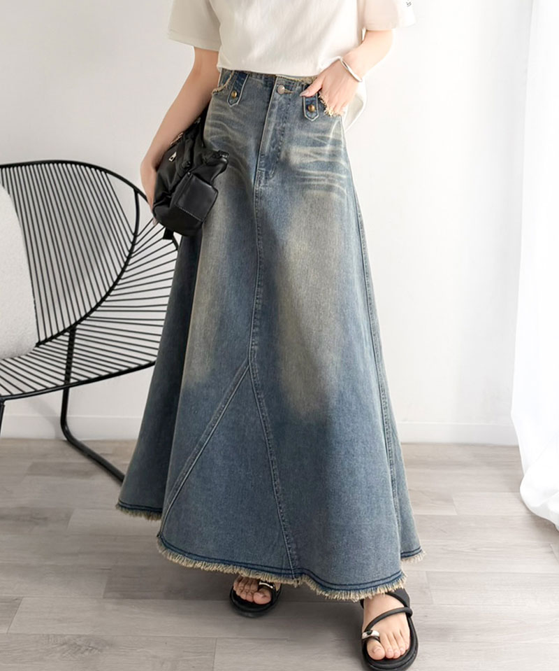 《java ジャバコラボ》 デニム スカート フレア ボトムス デニムスカート フリンジ ヴィンテージライク ロング フレアスカート お洒落 切替デザイン | classicalelf | 08