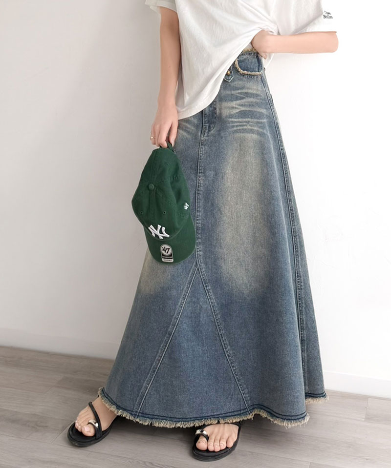 《java ジャバコラボ》 デニム スカート フレア ボトムス デニムスカート フリンジ ヴィンテージライク ロング フレアスカート お洒落 切替デザイン | classicalelf | 09