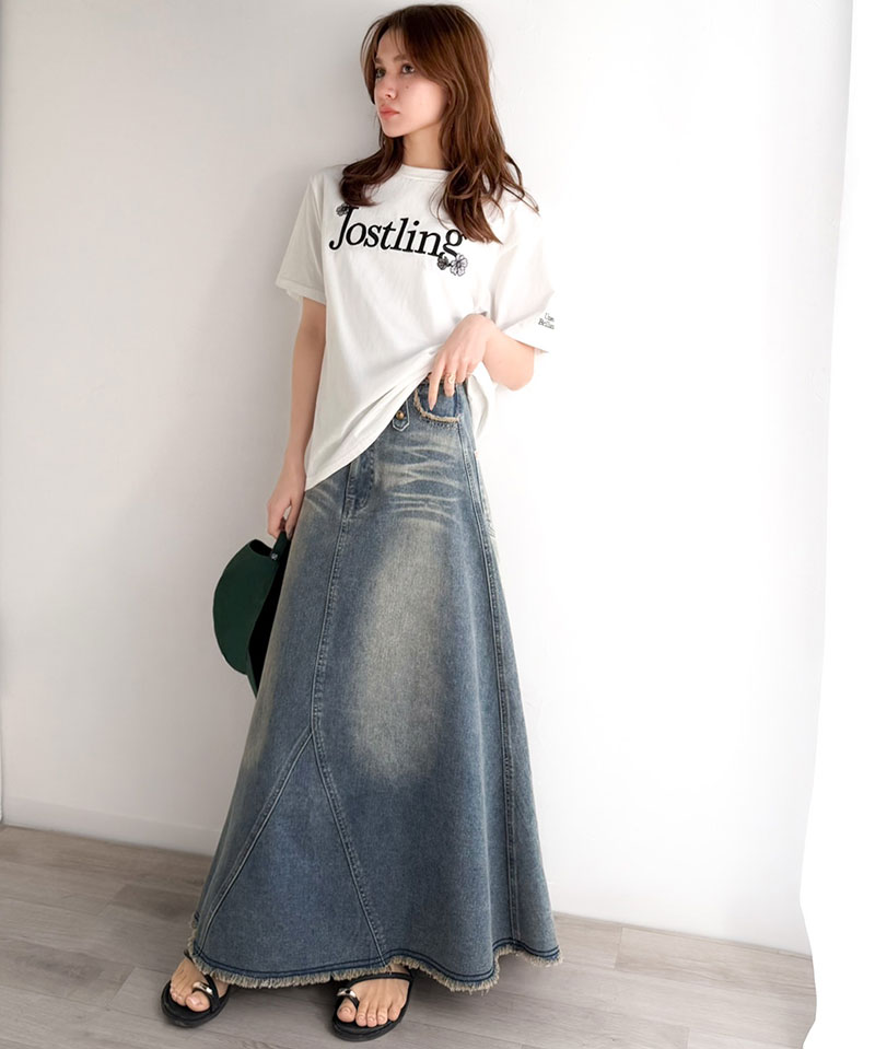 《java ジャバコラボ》 デニム スカート フレア ボトムス デニムスカート フリンジ ヴィンテージライク ロング フレアスカート お洒落 切替デザイン | classicalelf | 10