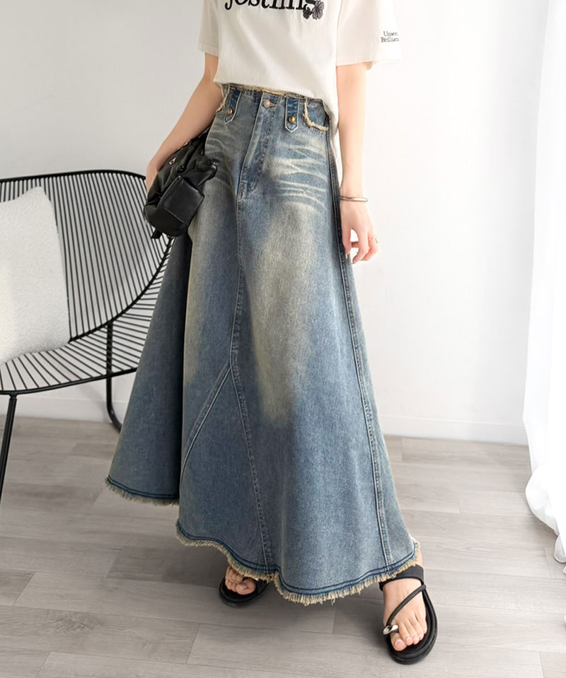 《java ジャバコラボ》 デニム スカート フレア ボトムス デニムスカート フリンジ ヴィンテージライク ロング フレアスカート お洒落 切替デザイン | classicalelf | 11