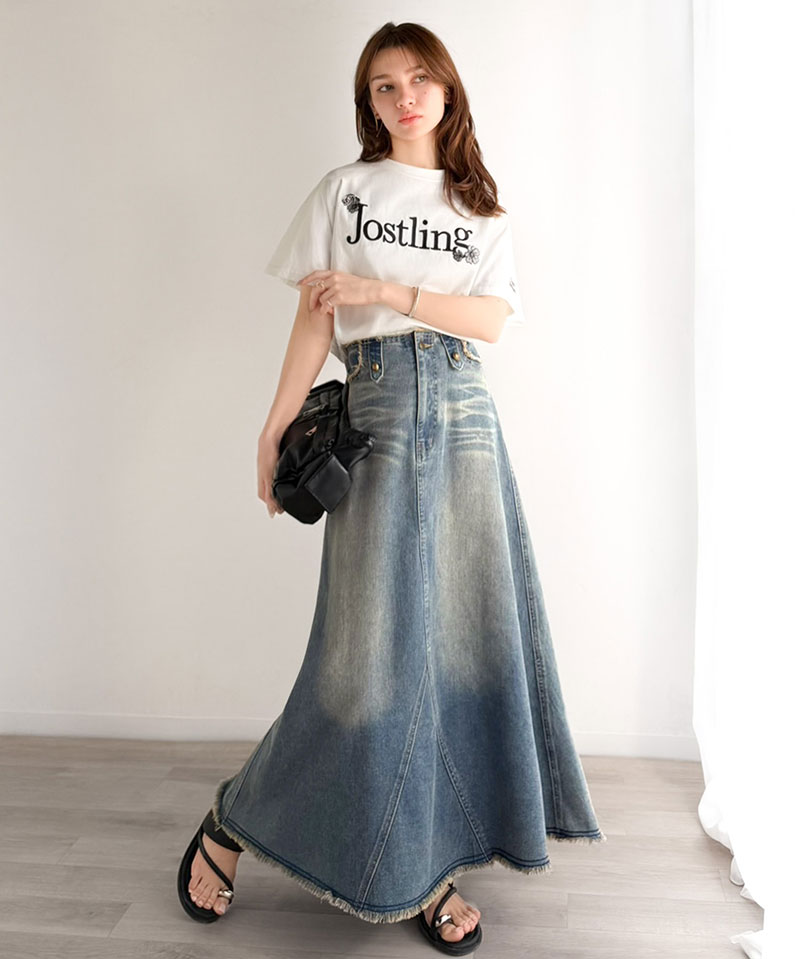 《java ジャバコラボ》 デニム スカート フレア ボトムス デニムスカート フリンジ ヴィンテージライク ロング フレアスカート お洒落 切替デザイン | classicalelf | 12