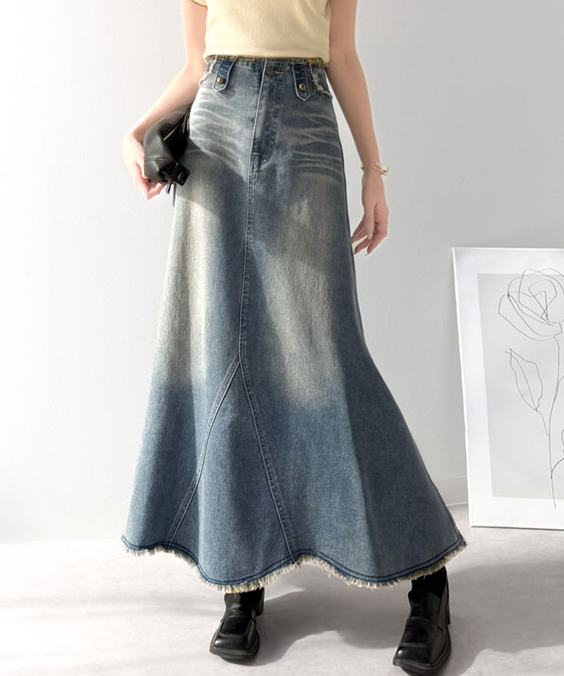 《java ジャバコラボ》 デニム スカート フレア ボトムス デニムスカート フリンジ ヴィンテージライク ロング フレアスカート お洒落 切替デザイン | classicalelf | 13