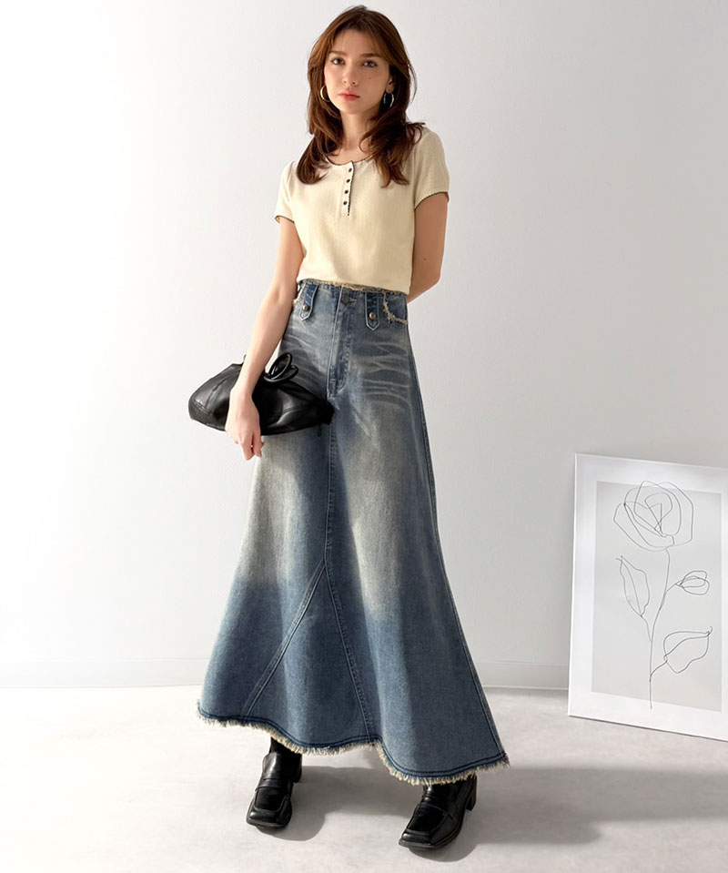 《java ジャバコラボ》 デニム スカート フレア ボトムス デニムスカート フリンジ ヴィンテージライク ロング フレアスカート お洒落 切替デザイン | classicalelf | 14