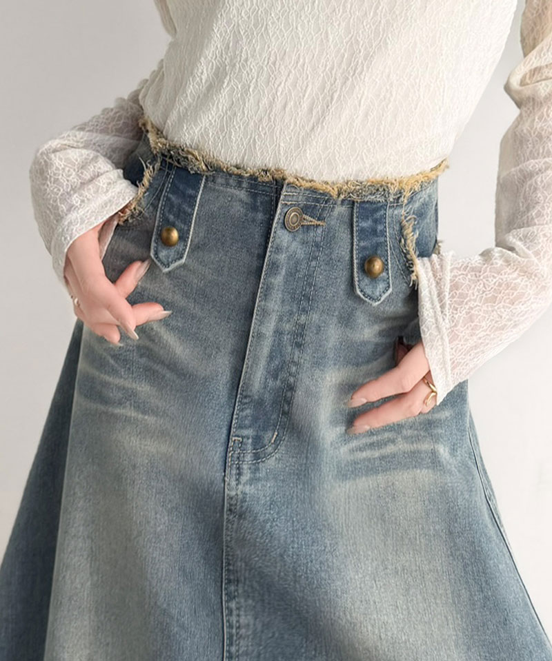 《java ジャバコラボ》 デニム スカート フレア ボトムス デニムスカート フリンジ ヴィンテージライク ロング フレアスカート お洒落 切替デザイン | classicalelf | 15