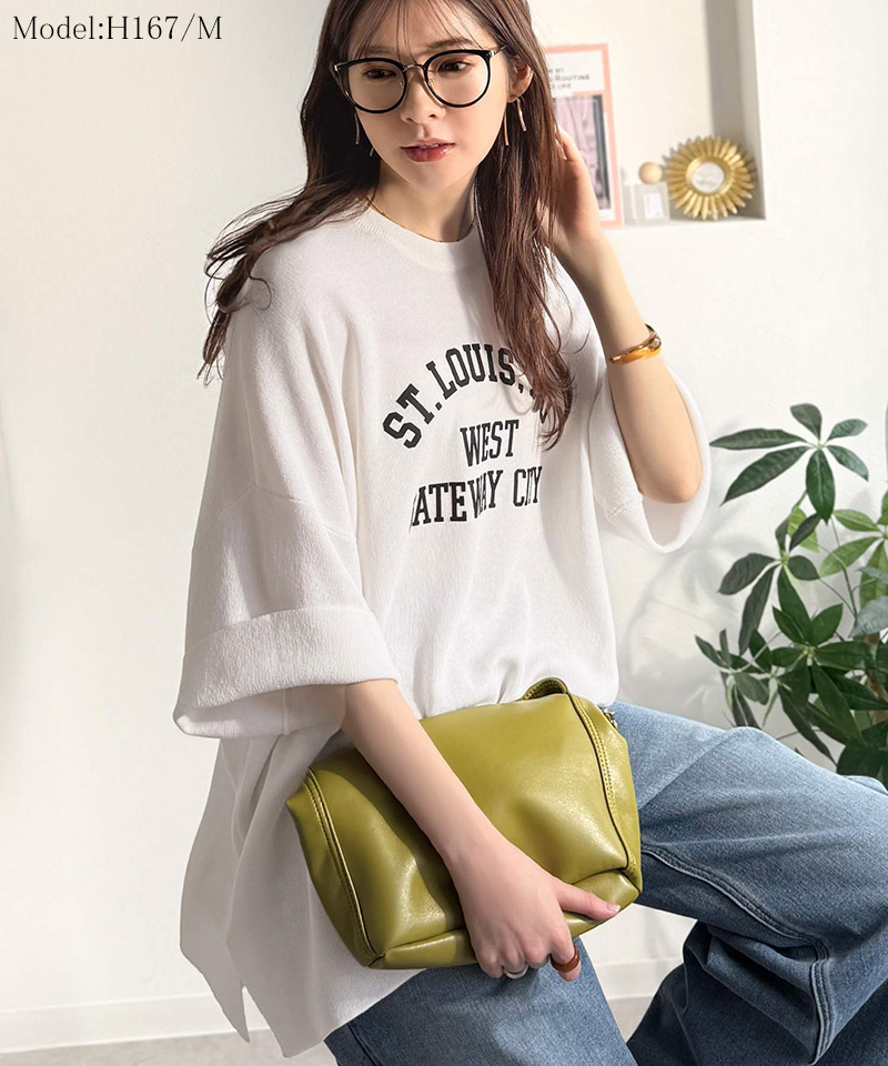 《java ジャバコラボ》サマーニット tシャツ レディース 大きめ 七分袖 トップス ニット前後2way カレッジロゴ プルオーバー 半袖 大人カジュアル 男女兼用 | classicalelf | 02