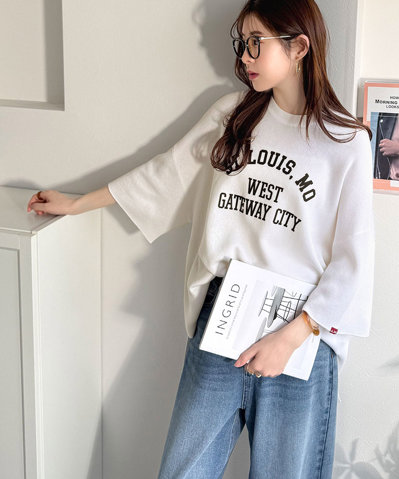 《java ジャバコラボ》サマーニット tシャツ レディース 大きめ 七分袖 トップス ニット前後2way カレッジロゴ プルオーバー 半袖 大人カジュアル 男女兼用 | classicalelf | 03