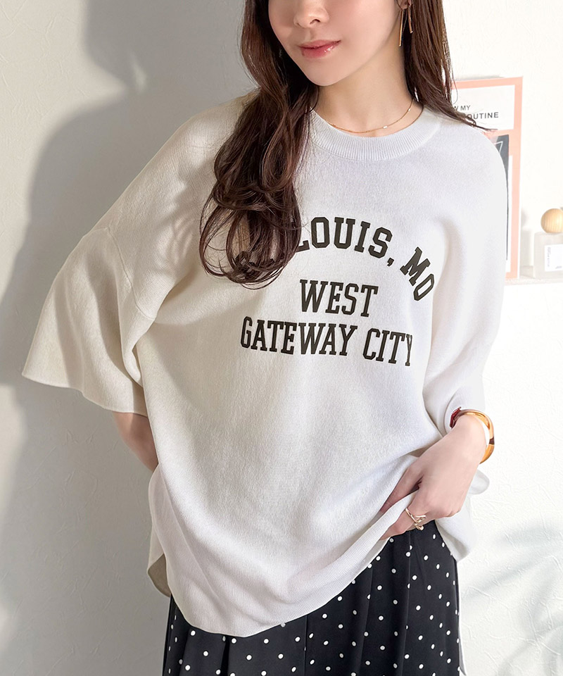 《java ジャバコラボ》サマーニット tシャツ レディース 大きめ 七分袖 トップス ニット前後2way カレッジロゴ プルオーバー 半袖 大人カジュアル 男女兼用 | classicalelf | 04