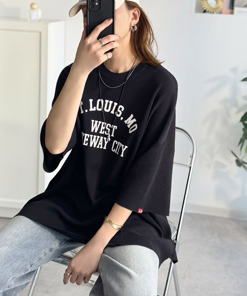 《java ジャバコラボ》サマーニット tシャツ レディース 大きめ 七分袖 トップス ニット前後2way カレッジロゴ プルオーバー 半袖 大人カジュアル 男女兼用 | classicalelf | 09