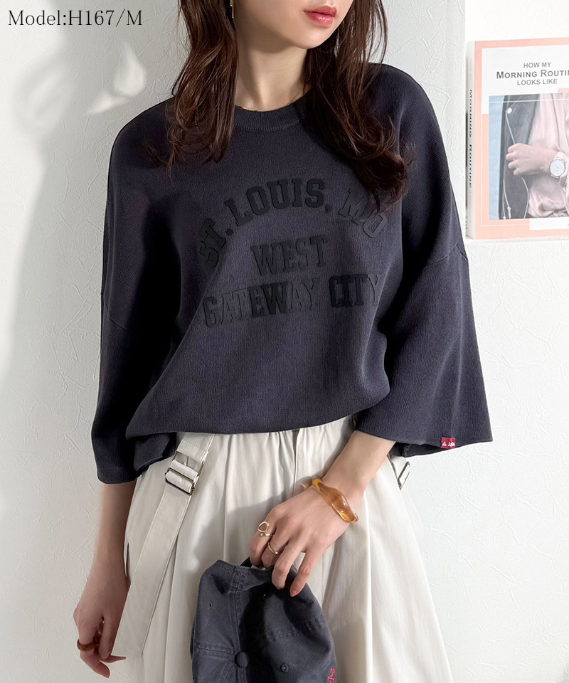 《java ジャバコラボ》サマーニット tシャツ レディース 大きめ 七分袖 トップス ニット前後2way カレッジロゴ プルオーバー 半袖 大人カジュアル 男女兼用 | classicalelf | 10