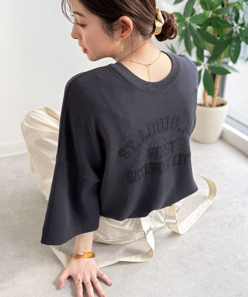 《java ジャバコラボ》サマーニット tシャツ レディース 大きめ 七分袖 トップス ニット前後2way カレッジロゴ プルオーバー 半袖 大人カジュアル 男女兼用 | classicalelf | 11