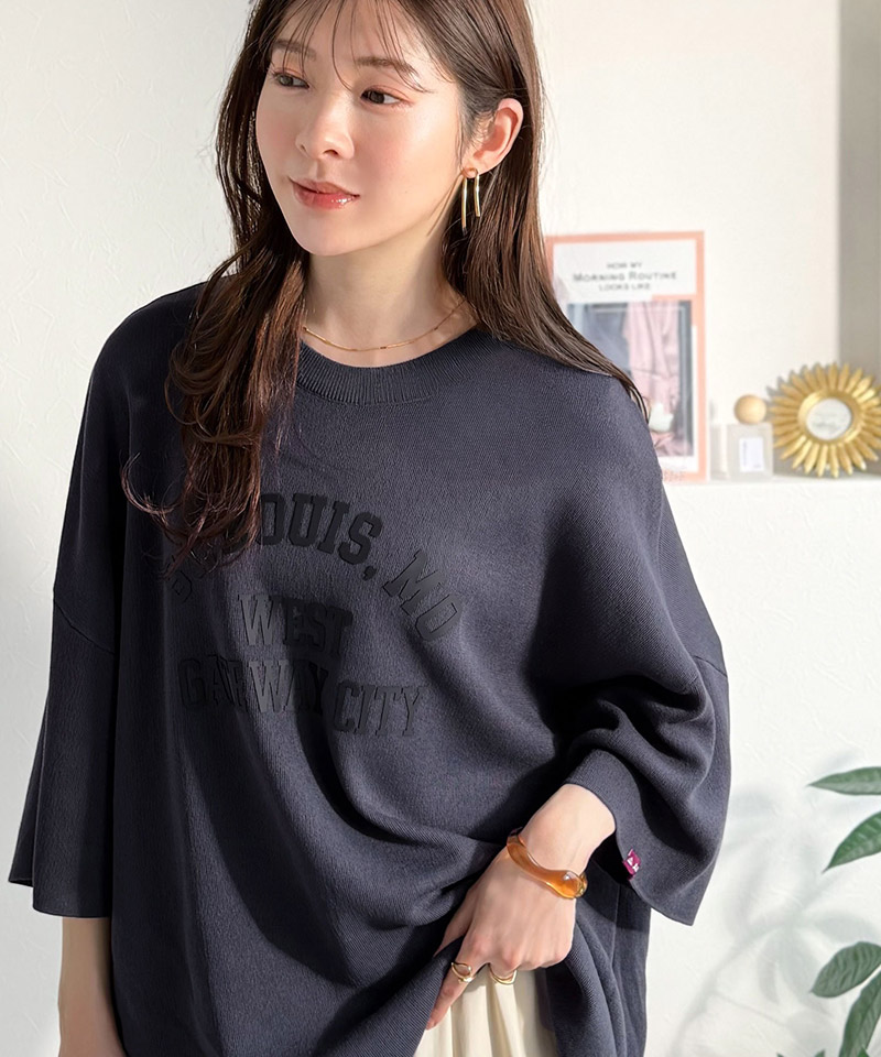 《java ジャバコラボ》サマーニット tシャツ レディース 大きめ 七分袖 トップス ニット前後2way カレッジロゴ プルオーバー 半袖 大人カジュアル 男女兼用 | classicalelf | 12