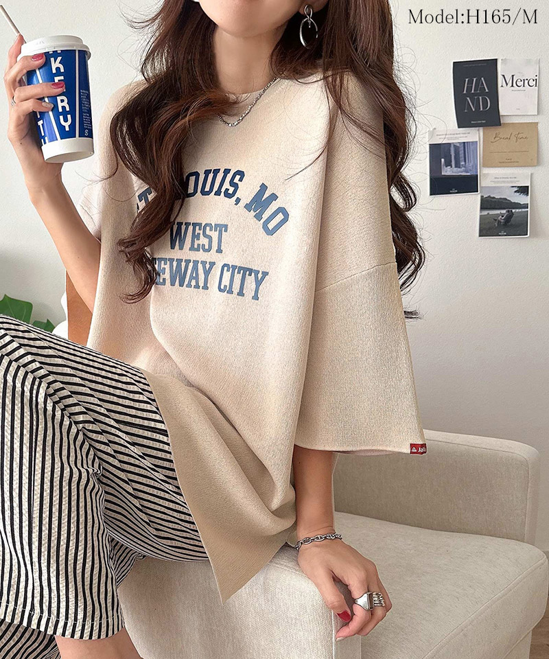 《java ジャバコラボ》サマーニット tシャツ レディース 大きめ 七分袖 トップス ニット前後2way カレッジロゴ プルオーバー 半袖 大人カジュアル 男女兼用 | classicalelf | 13