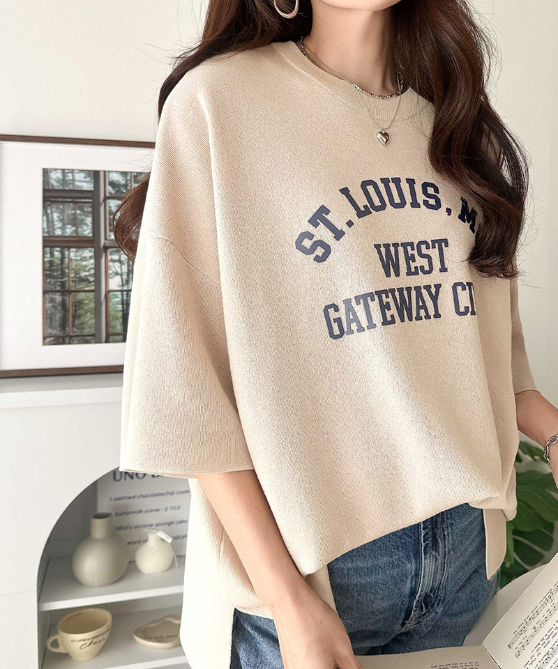 《java ジャバコラボ》サマーニット tシャツ レディース 大きめ 七分袖 トップス ニット前後2way カレッジロゴ プルオーバー 半袖 大人カジュアル 男女兼用 | classicalelf | 14