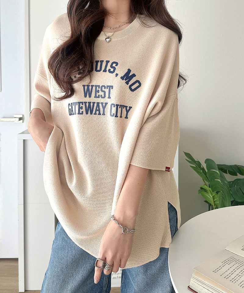 《java ジャバコラボ》サマーニット tシャツ レディース 大きめ 七分袖 トップス ニット前後2way カレッジロゴ プルオーバー 半袖 大人カジュアル 男女兼用 | classicalelf | 15