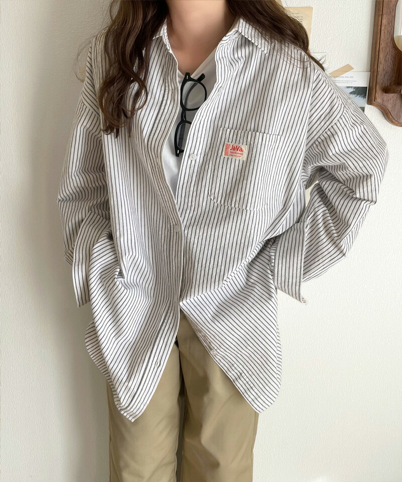 《javaジャバ コラボ》トップス シャツ レディース ブラウス メンズ 男女兼用 ユニセックス コットン 綿100% 無地 ストライプ サイドスリット | classicalelf | 03