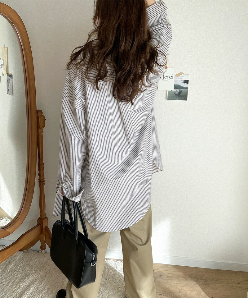 《javaジャバ コラボ》トップス シャツ レディース ブラウス メンズ 男女兼用 ユニセックス コットン 綿100% 無地 ストライプ サイドスリット | classicalelf | 04