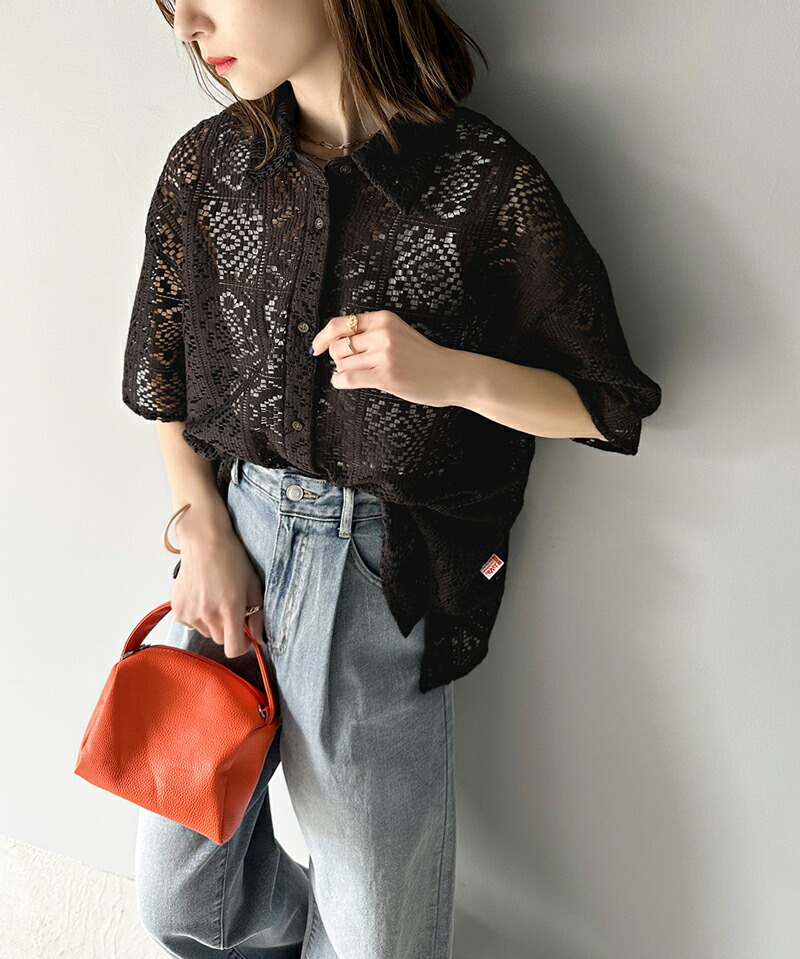 ブラウス シャツ クロシェ編みポロ衿シャツ レディース クロシェ風 レースシャツブラウス 五分袖 レディース(M オレンジ