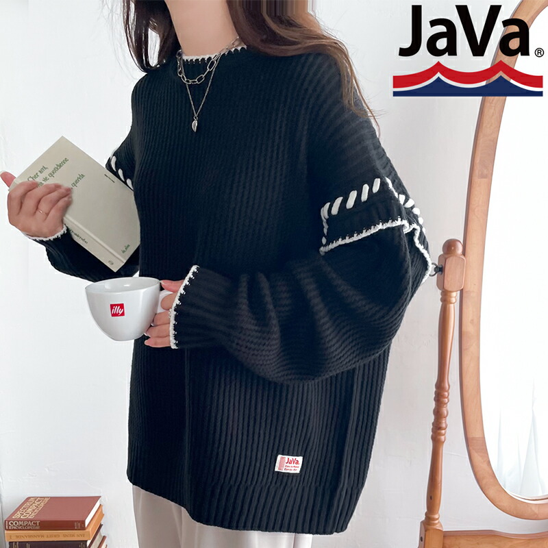 《java ジャバコラボ》送料無料 トップス セーター レディース 裏 表 リバーシブル 2way 配色 ビッグ ハンド ステッチ ニット プルオーバー ゆったり｜classical｜19