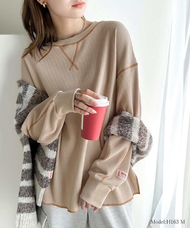 《javaジャバ 別注》 トップス Tシャツ レディース 前後 2way 配色ステッチ ワッフル ロンＴ 男女兼用 ユニセックス メンズ | classicalelf | 04