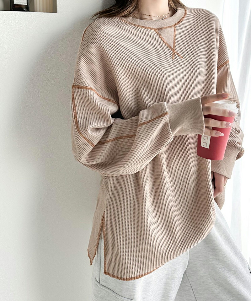 《javaジャバ 別注》 トップス Tシャツ レディース 前後 2way 配色ステッチ ワッフル ロンＴ 男女兼用 ユニセックス メンズ | classicalelf | 05