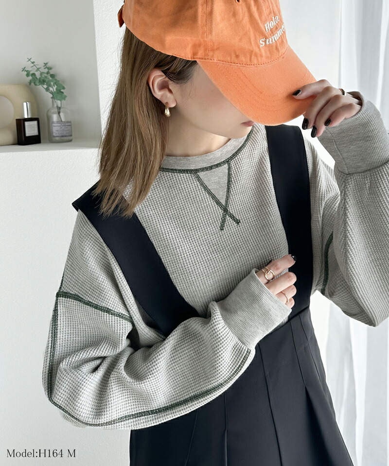 《javaジャバ 別注》 トップス Tシャツ レディース 前後 2way 配色ステッチ ワッフル ロンＴ 男女兼用 ユニセックス メンズ | classicalelf | 06