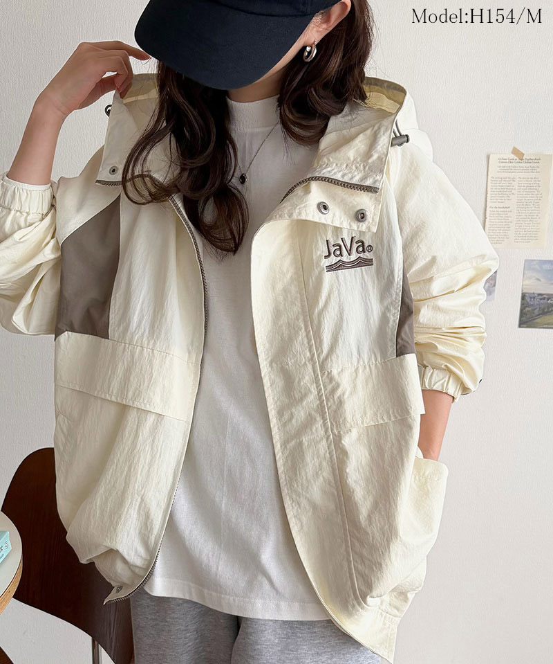 《java ジャバコラボ》 ナイロン パーカー アウター ジャケット レディース スポーティ サイド配色切替 ナイロン100％ お洒落 フーディ 薄手 軽やか | classicalelf | 02