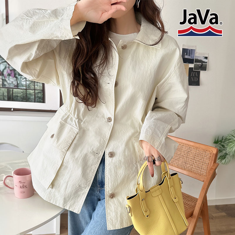 《java ジャバコラボ》 アウター ジャケット レディース ウエストドロスト ミドル丈 ジャケットコート ナイロンワッシャー素材 ゆったりシルエット | classicalelf