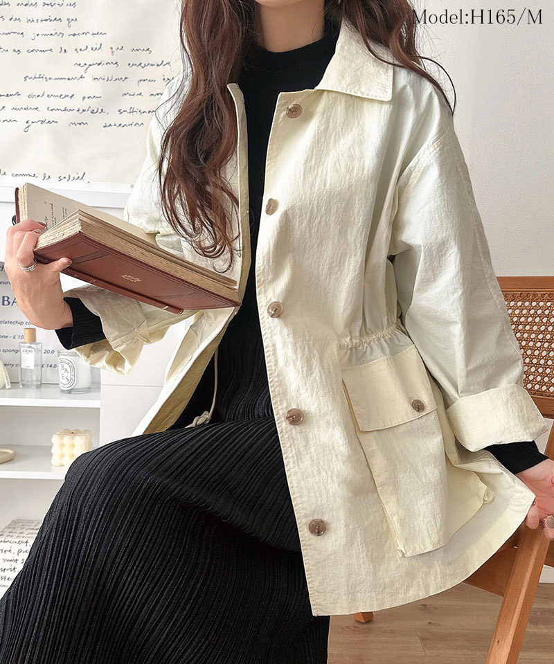 《java ジャバコラボ》 アウター ジャケット レディース ウエストドロスト ミドル丈 ジャケットコート ナイロンワッシャー素材 ゆったりシルエット | classicalelf | 02