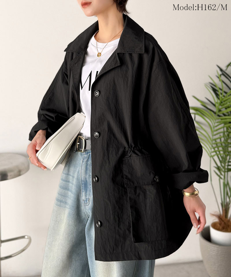 《java ジャバコラボ》 アウター ジャケット レディース ウエストドロスト ミドル丈 ジャケットコート ナイロンワッシャー素材 ゆったりシルエット | classicalelf | 07